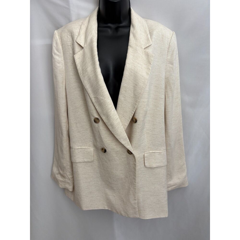 H&M Double Breasted Beige Linen Blend Blazer Size L Lagenlook Career Office